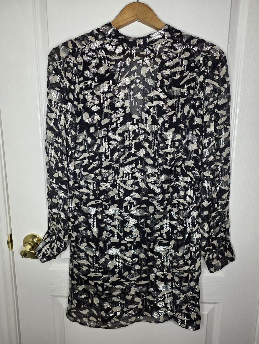 MNG Mango Black Metallic Abstract Print Long Sleeve Dress USA 6
